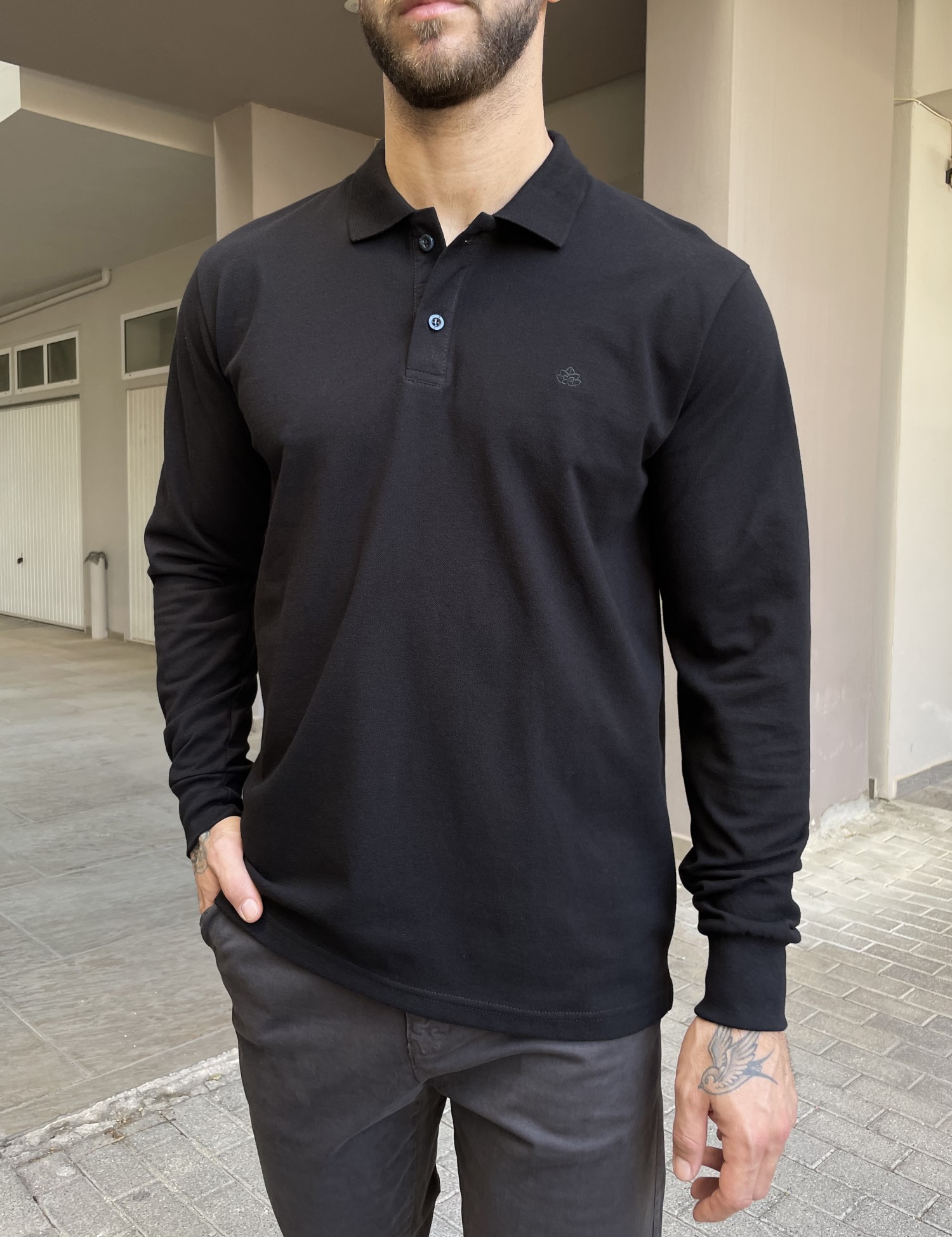 Everbest Ανδρική μαύρη πικέ Polo μακρυμάνικη μπλούζα Plus size 2610200M